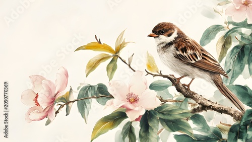 Watercolor Sparrow Bird Illustration on Blooming Magnolia Branch, Watercolor Sparrow Bird Illustration Botanical Nature Art, Watercolor Sparrow Bird Illustration Delicate Floral Wildlife Painting