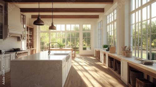Bright sunlit kitchen interior with large windows