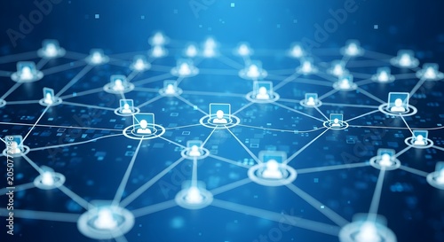 Abstract representation of a digital network with interconnected user icons on a blue background.
