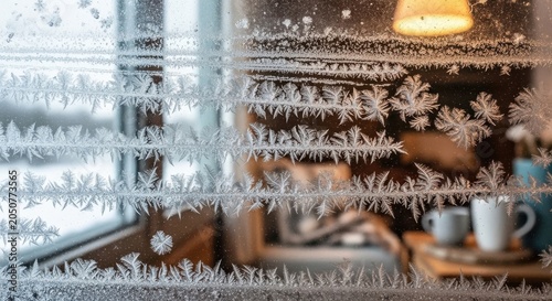 Intricate Frost Patterns Forming on Window Glass in Winter