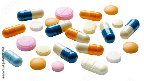 Fotografie Assorted Medicine Pills and Capsules in Various Colors