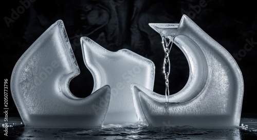 Abstract Frozen Ice Shapes Melting with Water Droplets