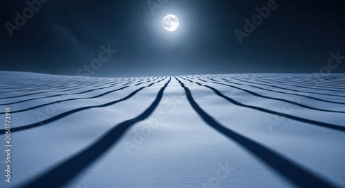 Moonlit snow field at night with distinct shadows