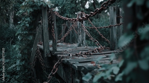 Old wooden bridge with rusty chains