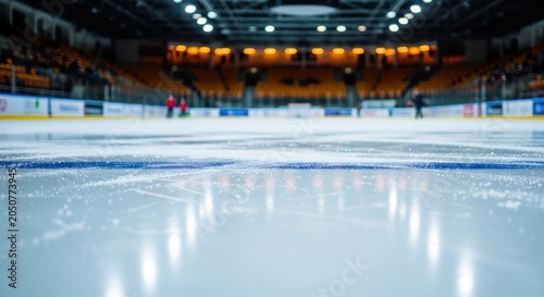 Close-up of a clean ice hockey rink surface with arena lights in background