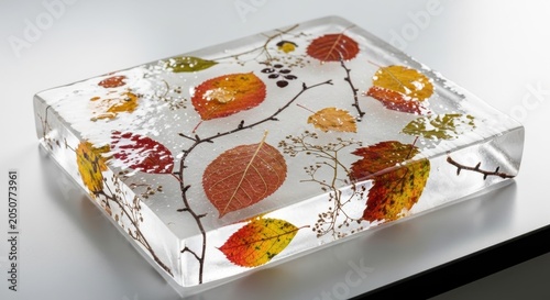 Clear Resin Block With Embedded Autumn Leaves and Botanical Elements