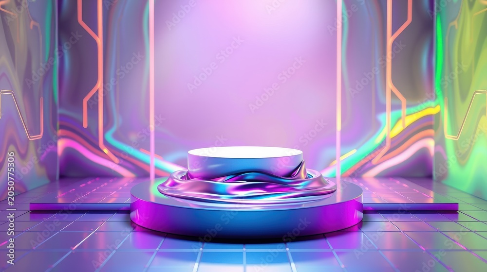 Fototapeta premium Futuristic display pedestal. Vibrant neon lights illuminate metallic surfaces. Minimalist stage design creates dramatic presentation space.