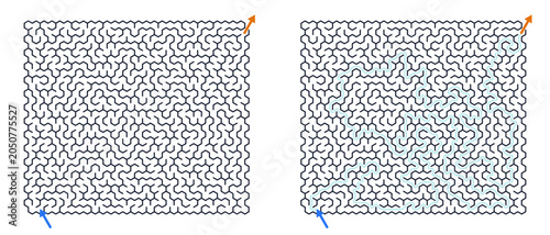 Dense Dual Square Maze Set With Blank Puzzle on Left and Solved Route Version on Right
