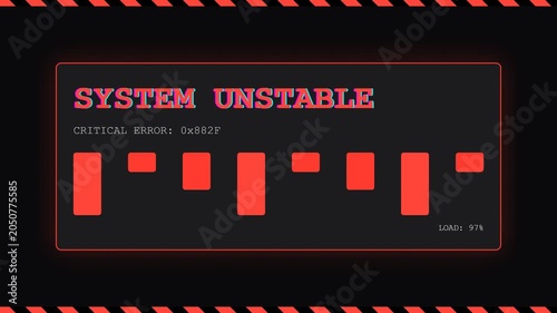 System unstable error screen, critical error code display, loading bar animation, symbolizing technology failure and system crash, seamless loop