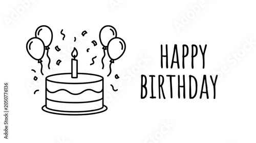 Fotografia A simple line drawing of a birthday cake with balloons and confetti