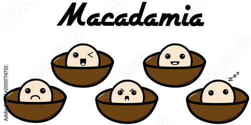 Bild auf Leinwand Cute macadamia kawaii character with various expressions and highlighted heart eyes, a colorful illustration set for stickers, emoji, and clipart