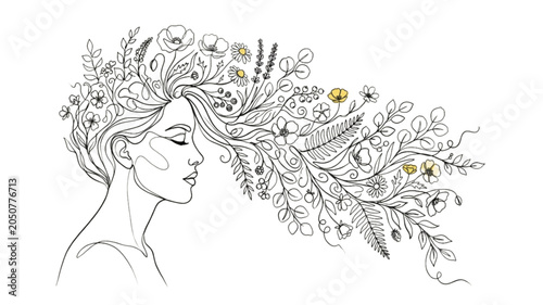 Bilde på lerret Boho Woman Botanical Continuous Line Art Illustration
