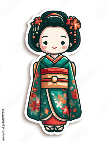 Cute chibi-style illustration of a smiling Japanese woman wearing an ornate floral kimono with a traditional updo and decorative hair ornaments. character isolated on a clean white background