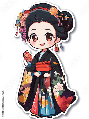 Cute chibi-style illustration of a smiling Japanese woman wearing an ornate floral kimono with a traditional updo and decorative hair ornaments. character isolated on a clean white background