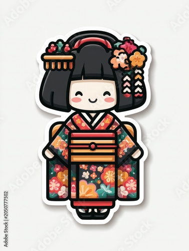 Cute chibi-style illustration of a smiling Japanese woman wearing an ornate floral kimono with a traditional updo and decorative hair ornaments. character isolated on a clean white background