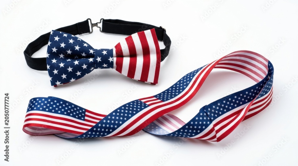 Obraz premium Patriotic American flag bow tie and matching ribbon, Fourth of July formal accessories, red white and blue stars and stripes neckwear on white background