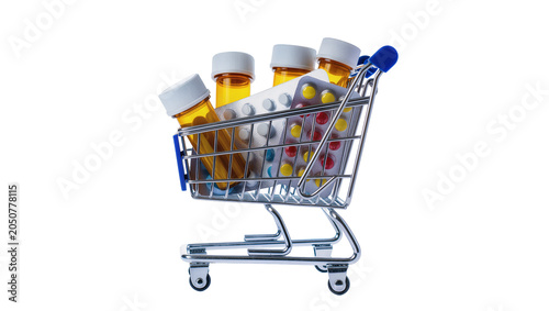 Miniature shopping cart filled with medicine bottles and blister packs