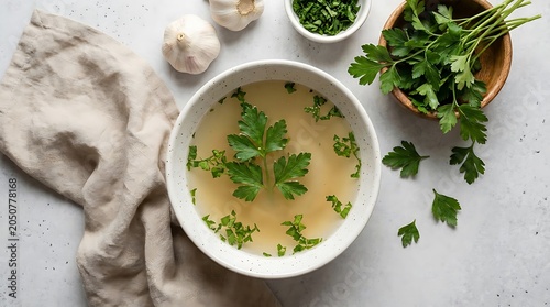 A bowl of clear broth with herbs and garlic on a white table