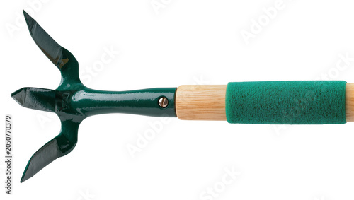 Bild auf Leinwand Garden cultivator tool with three sharp prongs and wooden handle
