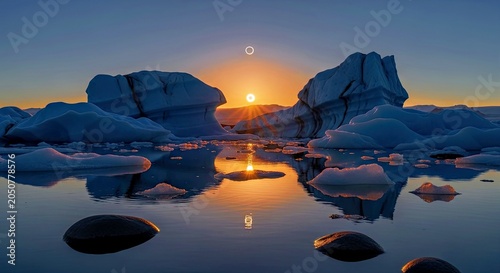 Sunset Reflected on Icebergs and Melting Glacier Water in Polar Region