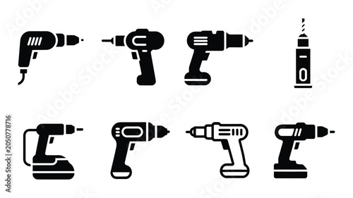 Konstfotografi Electric drill icon set featuring black power tool silhouettes for construction
