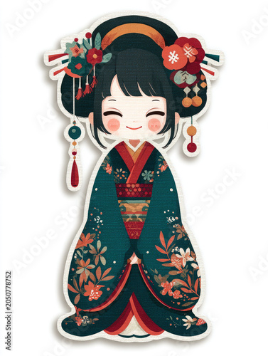 Cute chibi-style illustration of a smiling Japanese woman wearing an ornate floral kimono with a traditional updo and decorative hair ornaments. character isolated on a clean white background