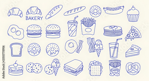 Photos Hand drawn food icons set, blue line art bakery and fast food illustrations, col