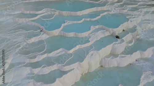 Discover the breathtaking white travertine terraces of Pamukkale, Turkey. Denizli Pamukkale nature terraces, travertine pools