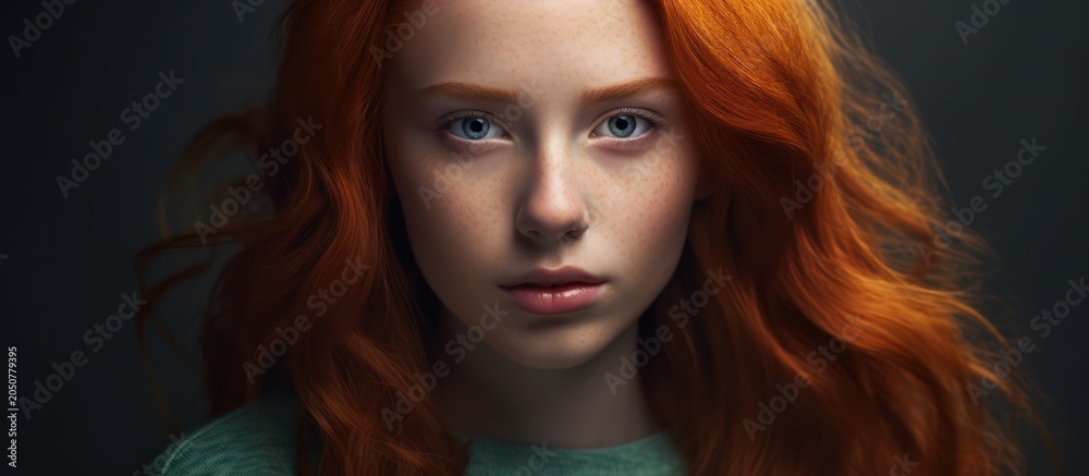 Naklejka premium Close-up Portrait of a Redheaded Woman with Blue Eyes