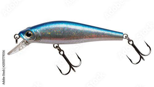 Bild auf Leinwand Blue silver fishing lure with treble hooks and clear lip