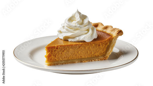 Konstfotografi Slice of pumpkin pie with whipped cream on white plate