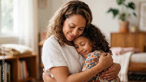 Woman embracing her young daughter in cozy home interior. Mother and child hug showing tender love and emotional support