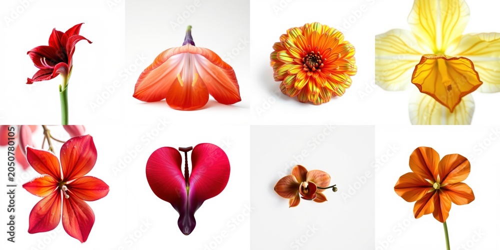 Obraz premium Floral collage displays diverse blooms. Vivid colors, delicate petals, botanical beauty presented simply. Focus on shapes, textures.