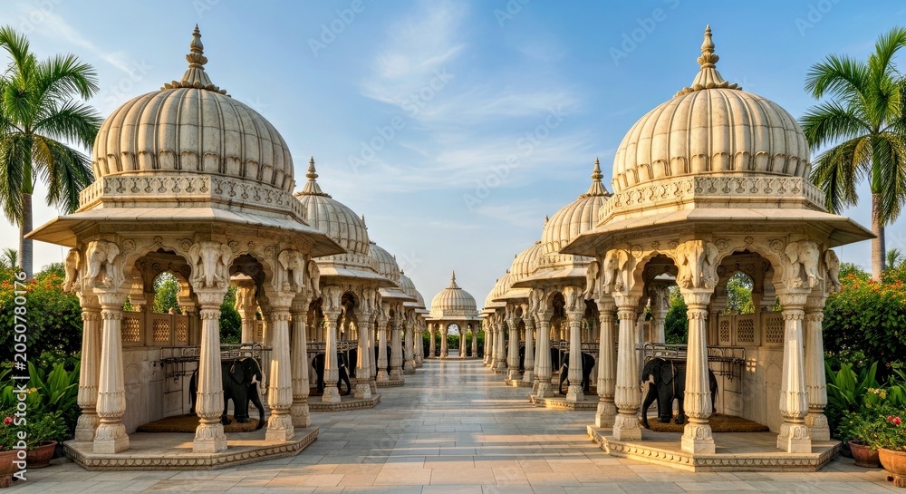 Fototapeta premium Symmetrical Row of Intricately Designed White Marble Pavilions With Ornate Domes and Palm Trees