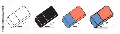 Vector illustration of a school rubber eraser presented in four graphic styles including linear with editable stroke, solid black, colorful flat design and pixel art on a white background.