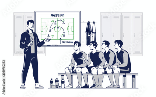 Vászonkép Football coach explaining halftime tactics to team in locker room vector illustr
