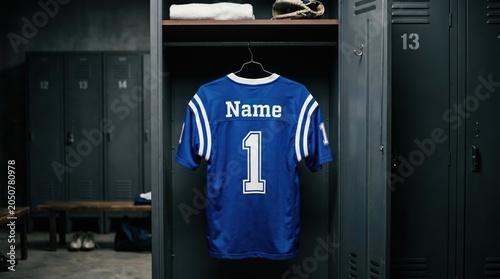 Blue football jersey hanging inside a dark metal locker room