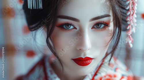 Elegant Japanese geisha close-up portrait, traditional white oshiroi makeup, red lips, exquisite eye makeup, ornate black hairstyle, silk kimono with floral patterns, traditional Japanese wooden house