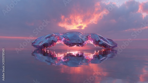 Abstract glowing organic form reflecting sunset sky on water