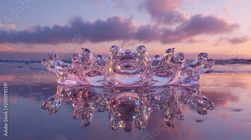 Abstract liquid splash reflecting sunset clouds with vibrant colors
