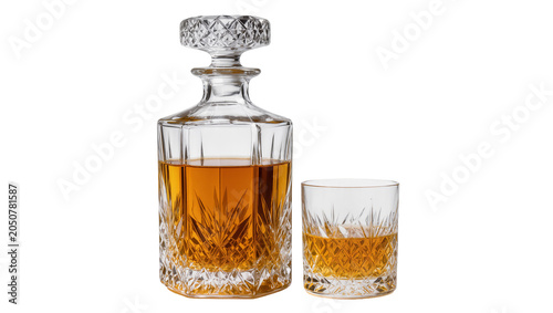 Konstfotografi Crystal decanter and glass filled with amber liquid