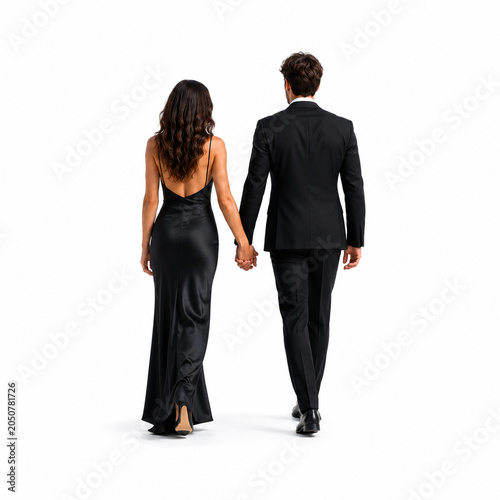 Rear view of an elegant young couple walking hand in hand while dressed in formal evening attire. The woman wears a sophisticated black gown and the man a classic black suit, isolated on a clean white