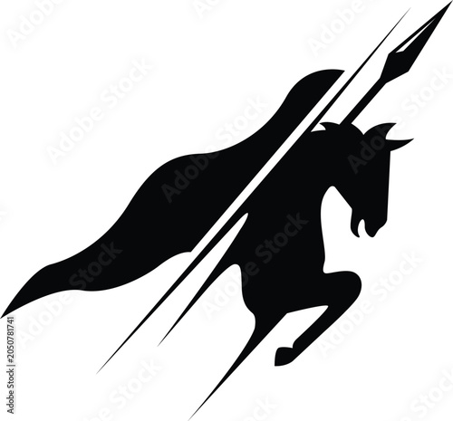 Silhouette depicting a horse and a spear represents a historical warrior theme.