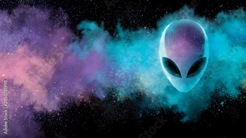 Alien head emerging from cosmic nebula clouds