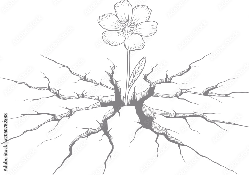 Fototapeta premium Delicate flower blooms from cracked earth, symbolizing hope and resilience