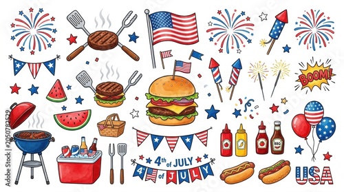 Hand-drawn 4th of July BBQ clip art set, patriotic American Independence Day celebration icons, watercolor style summer cookout elements on white background