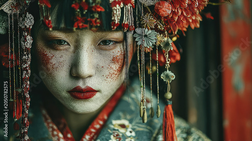 Elegant Japanese geisha close-up portrait, traditional white oshiroi makeup, red lips, exquisite eye makeup, ornate black hairstyle, silk kimono with floral patterns, traditional Japanese wooden house