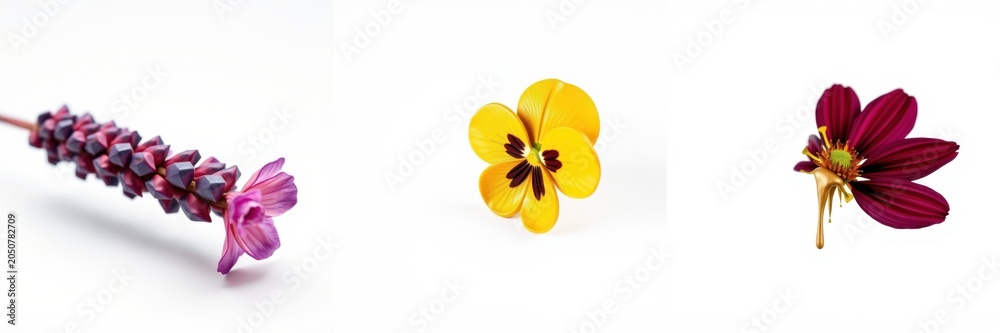 Obraz premium Floral arrangement showcases lavender, pansy, cosmos blooms. Delicate petals, vibrant colors present simple beauty. Isolated presentation.
