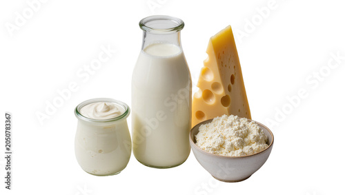 Konstfotografi Dairy products milk yogurt cottage cheese, and Swiss cheese wedge
