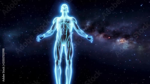 Abstract Blue Human Body Energy Form Floating in Cosmic Galaxy.